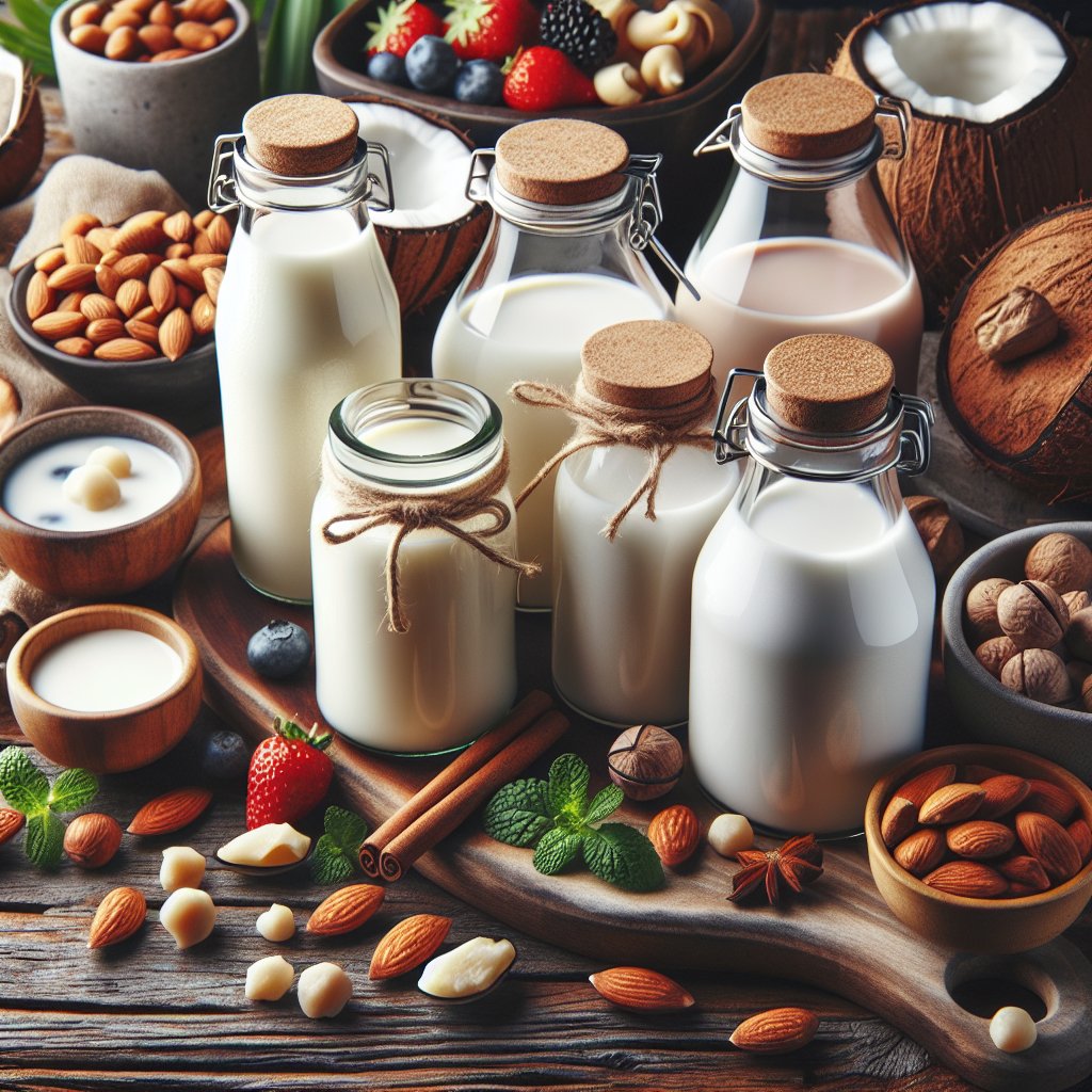 Variety of keto-friendly milk options with fresh, organic ingredients on rustic wooden table