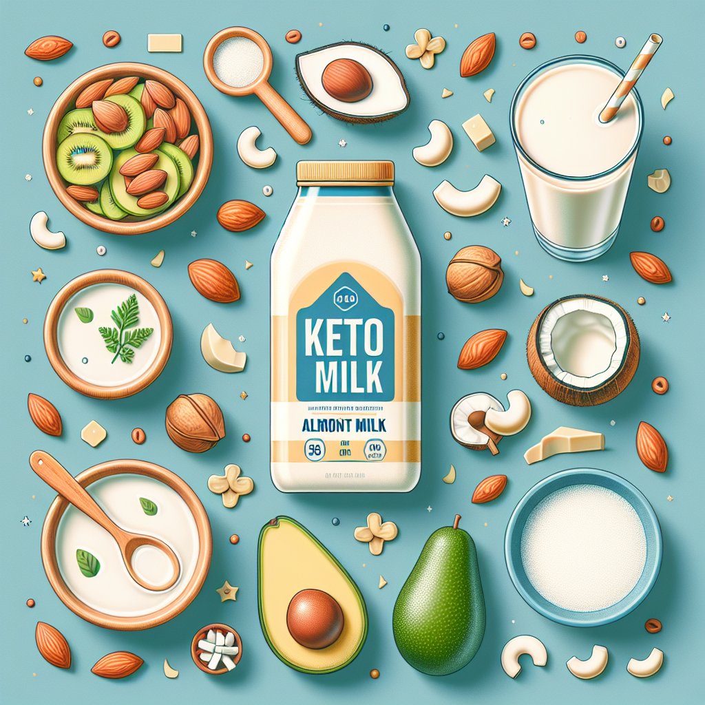 Assortment of keto-friendly milk alternatives including almond milk, coconut milk, and unsweetened cashew milk, displayed alongside nuts and avocados.