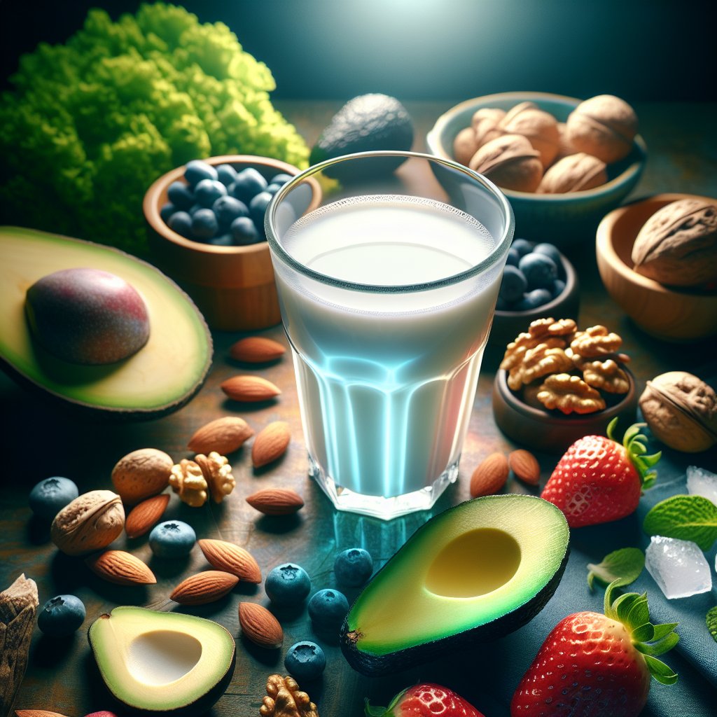 Lactose-free milk surrounded by vibrant, low-carb keto-friendly ingredients such as avocados, nuts, and berries.