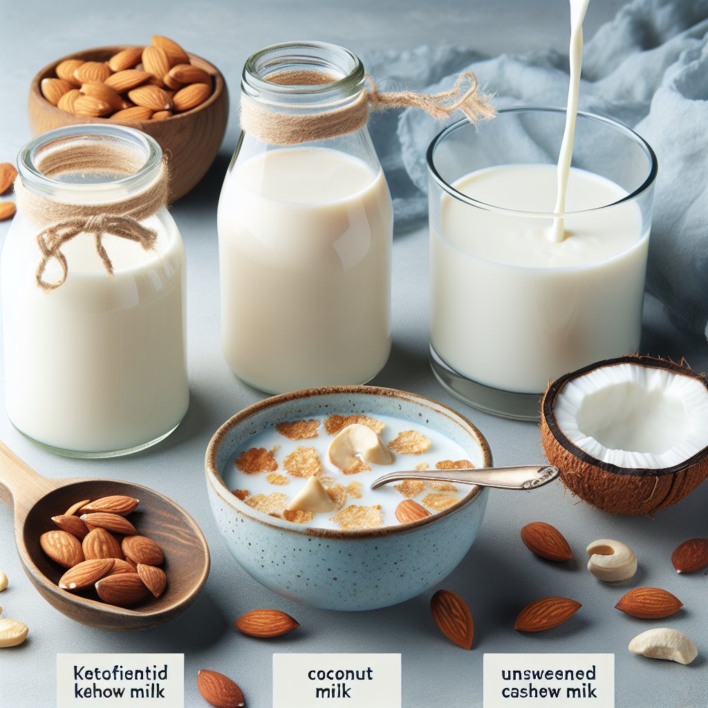 Diverse selection of keto-friendly milk options including almond, coconut, and cashew milk presented in glass containers with a bowl of keto-friendly cereal.