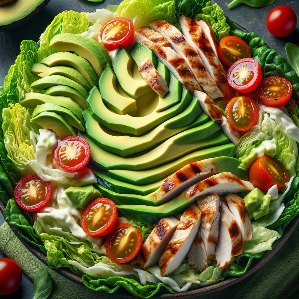 Vibrant keto-friendly napa cabbage salad with avocado, cherry tomatoes, and grilled chicken