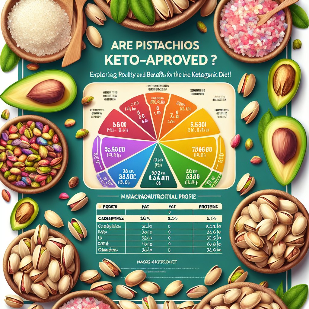 Colorful and detailed nutritional profile chart showcasing the macronutrient content of pistachios for the ketogenic diet.