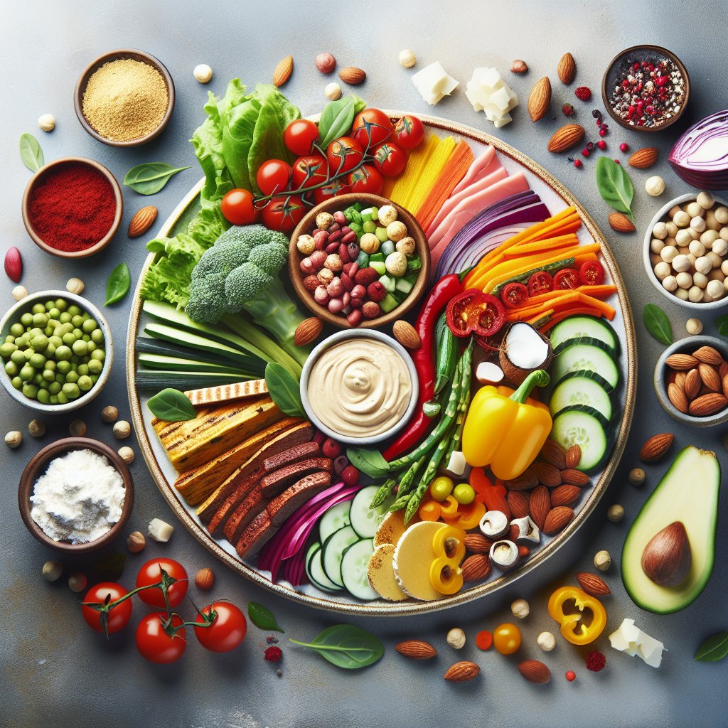 Colorful and vibrant plate filled with low-carb vegetables, lean protein sources, healthy fats and keto-friendly flours, showcasing the diversity and versatility of keto-friendly ingredients.