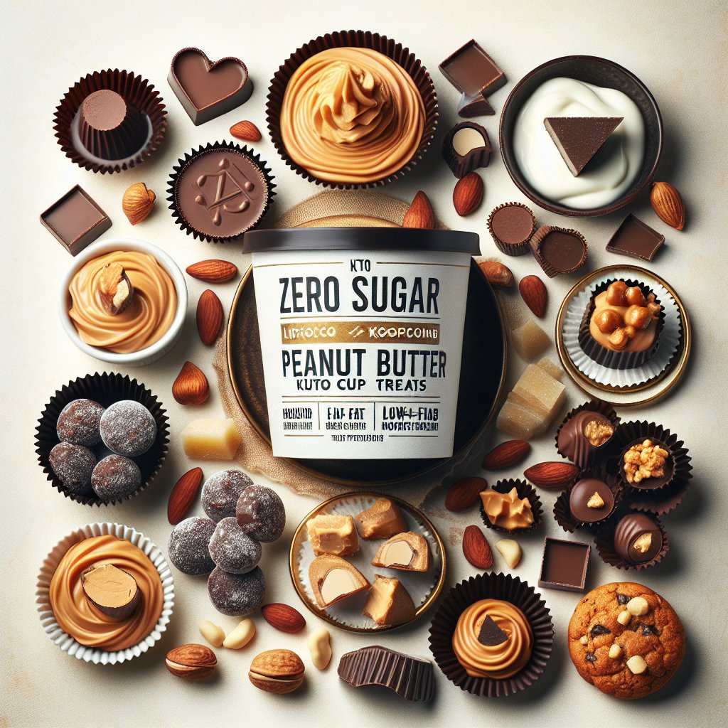 Artfully arranged keto-friendly dessert spread featuring Reese's Zero Sugar products and a variety of low-carb, high-fat, and moderate-protein treats