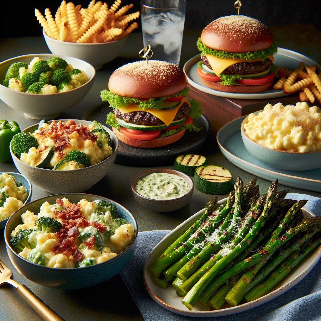 Keto-friendly side dishes: grilled asparagus, cauliflower mac and cheese, zucchini fries, and broccoli salad with bacon and cheese.