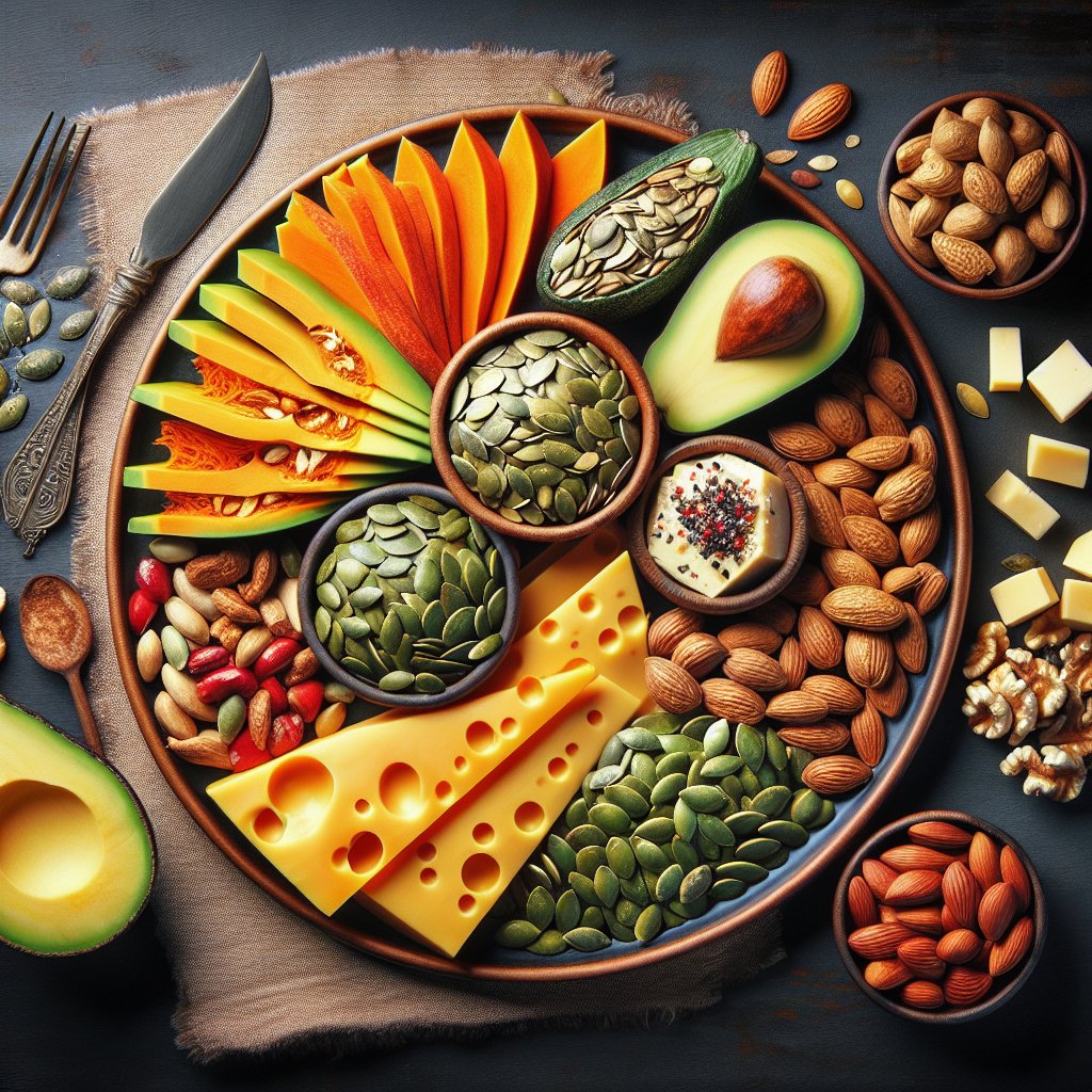 A beautifully arranged plate featuring a variety of keto-friendly snacks, including pumpkin seeds, nuts, avocados, and cheese, creating an appealing representation of the ketogenic diet.