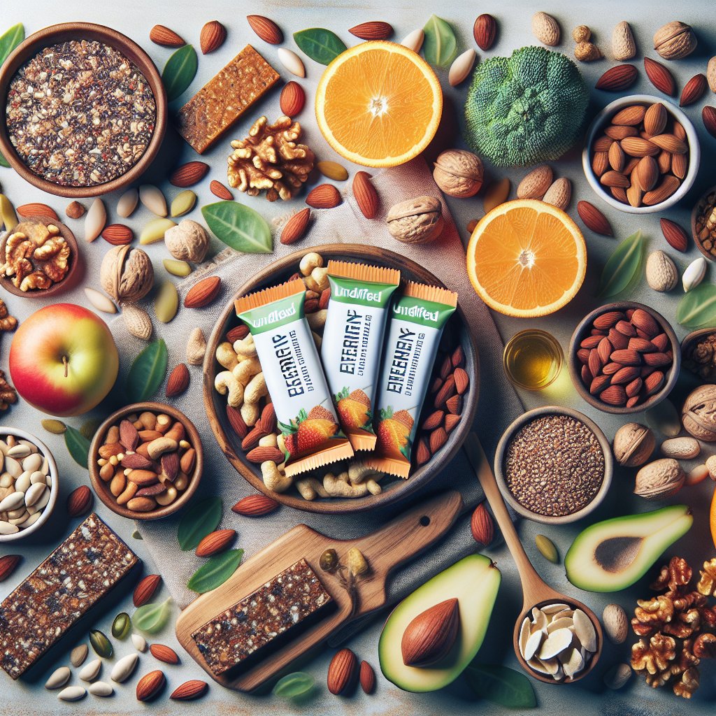 Colorful and vibrant keto-friendly snack spread with RX bars, nuts, seeds, and low-carb fruits evoking energy and vitality.