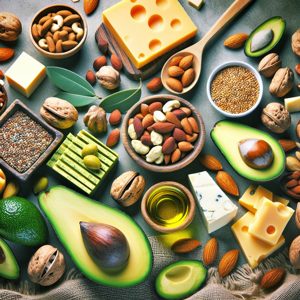 Vibrant and inviting keto-friendly snack spread featuring nuts, seeds, avocado, and cheese