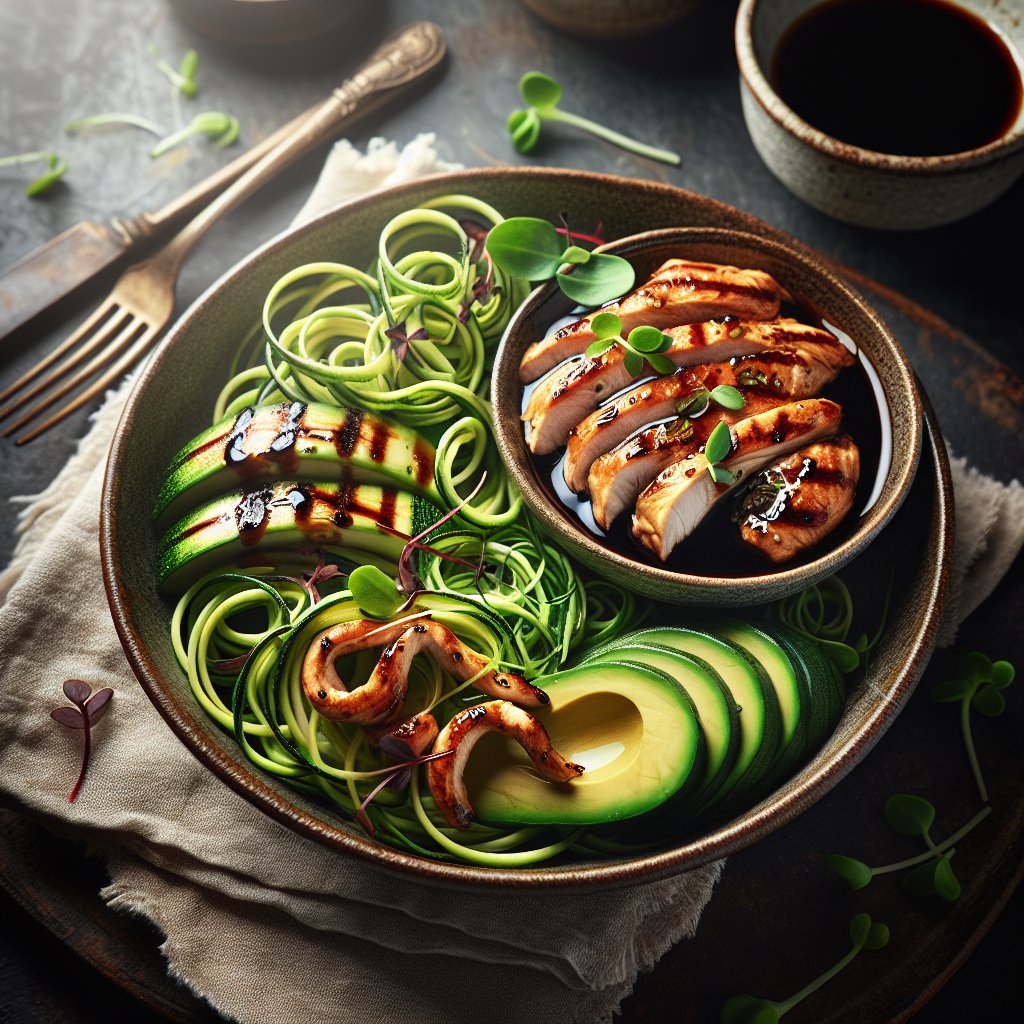 Beautifully plated keto-friendly meal with grilled chicken, avocado, and zucchini noodles, accompanied by small dish of soy sauce.