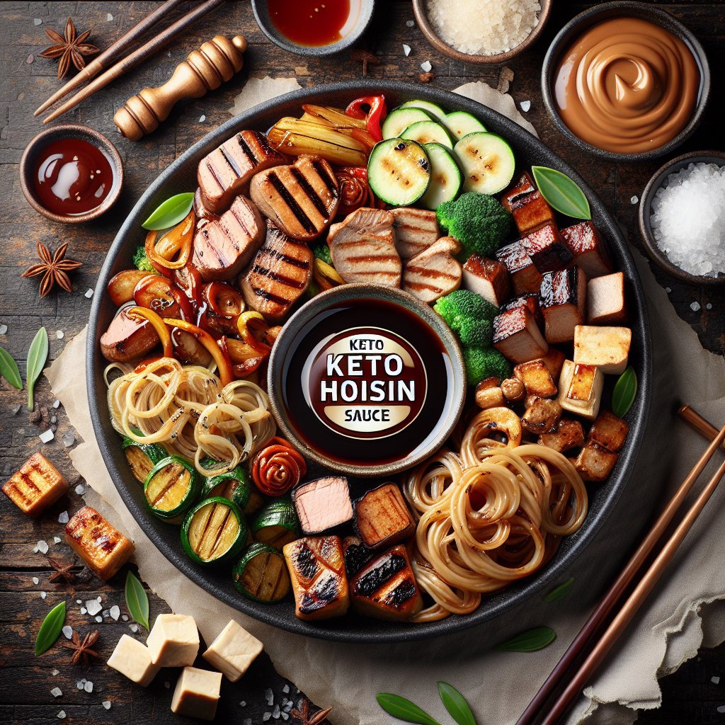 Variety of keto-friendly dishes with elegant hoisin sauce drizzles and dips