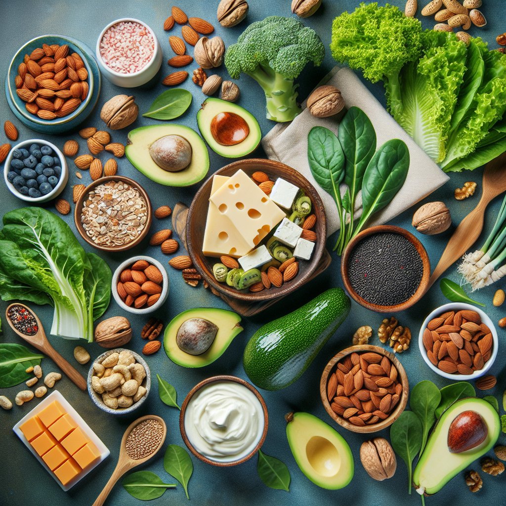 Vibrant keto-friendly food spread featuring avocados, leafy greens, nuts, seeds, and a variety of high-fat, low-carb ingredients.