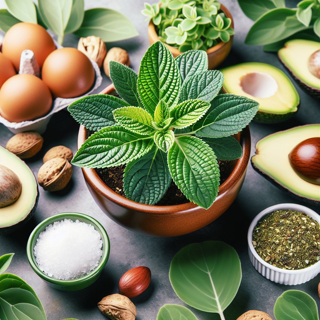 Vibrant stevia plant nestled within a ketogenic food spread