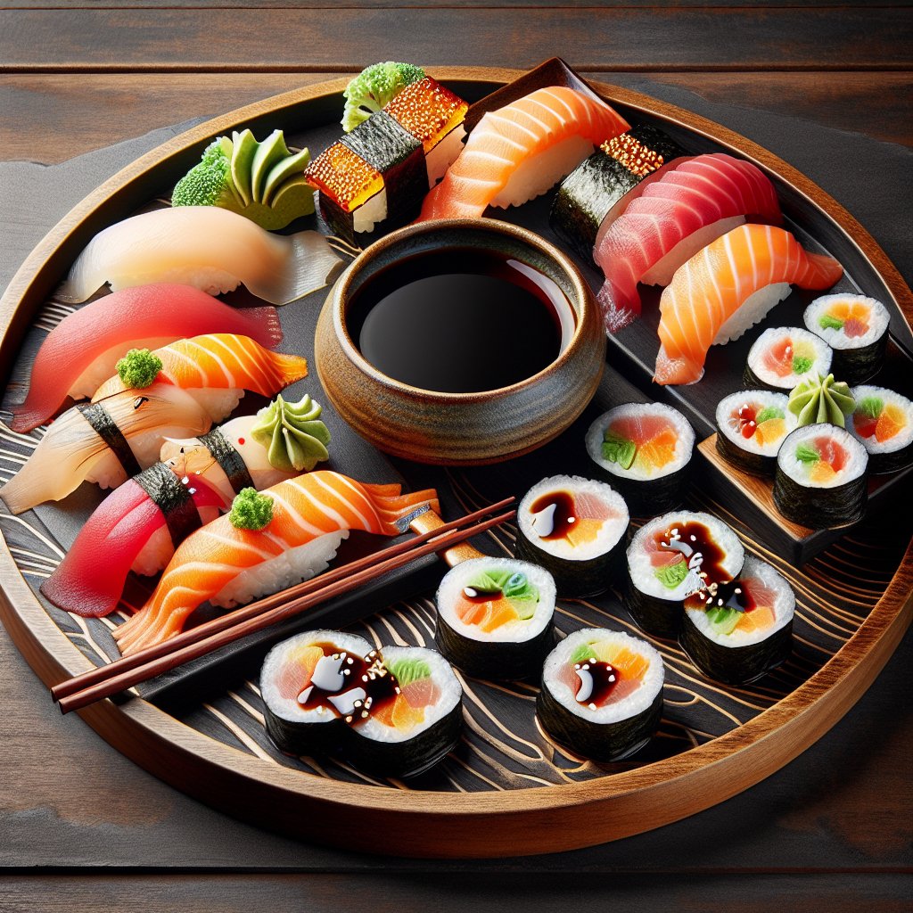 Beautifully arranged keto-friendly sushi platter with soy sauce-marinated sashimi and low-carb sushi rolls, presented on a wooden tray