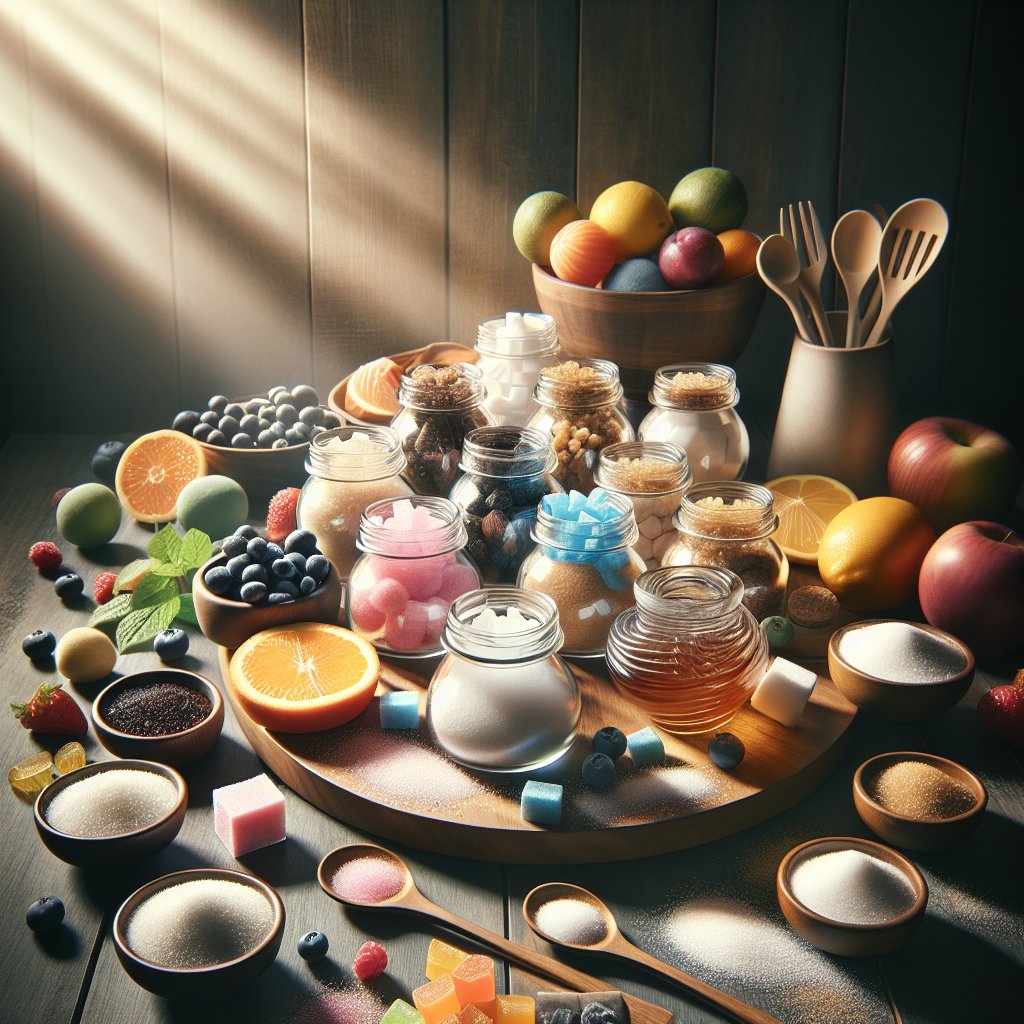 Assortment of keto-friendly sweeteners elegantly displayed on rustic wooden table