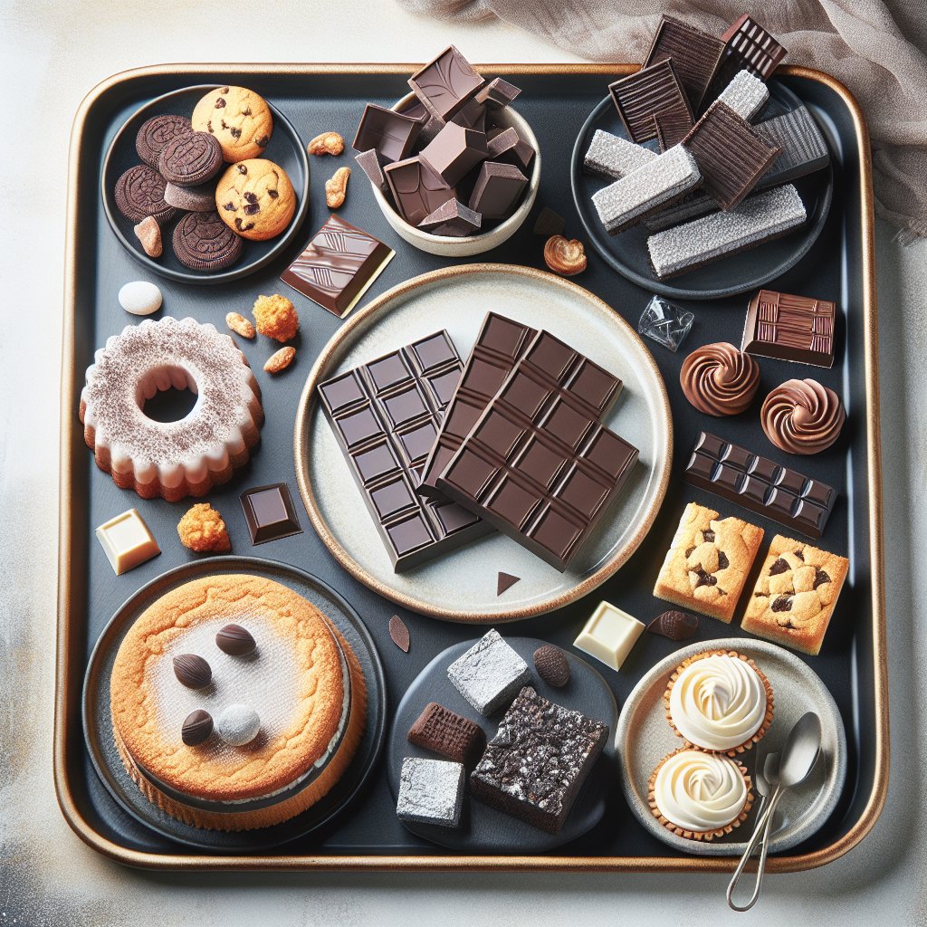 Colorful display of keto-friendly sweets - chocolate bars, cookies, and cakes on a stylish platter, highlighting their guilt-free, low-carb nature.