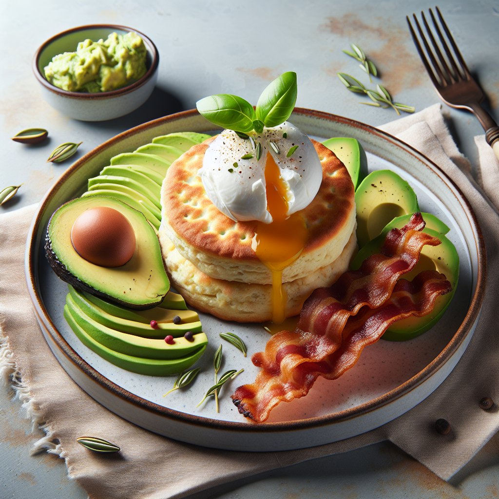 Delicious keto frozen biscuit with avocado, bacon, and poached egg