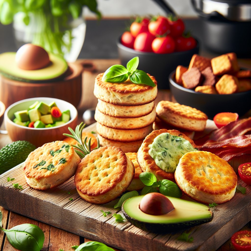 Golden brown keto frozen biscuits on a rustic wooden cutting board with avocado slices, cherry tomatoes, and crispy bacon, surrounded by fresh herbs