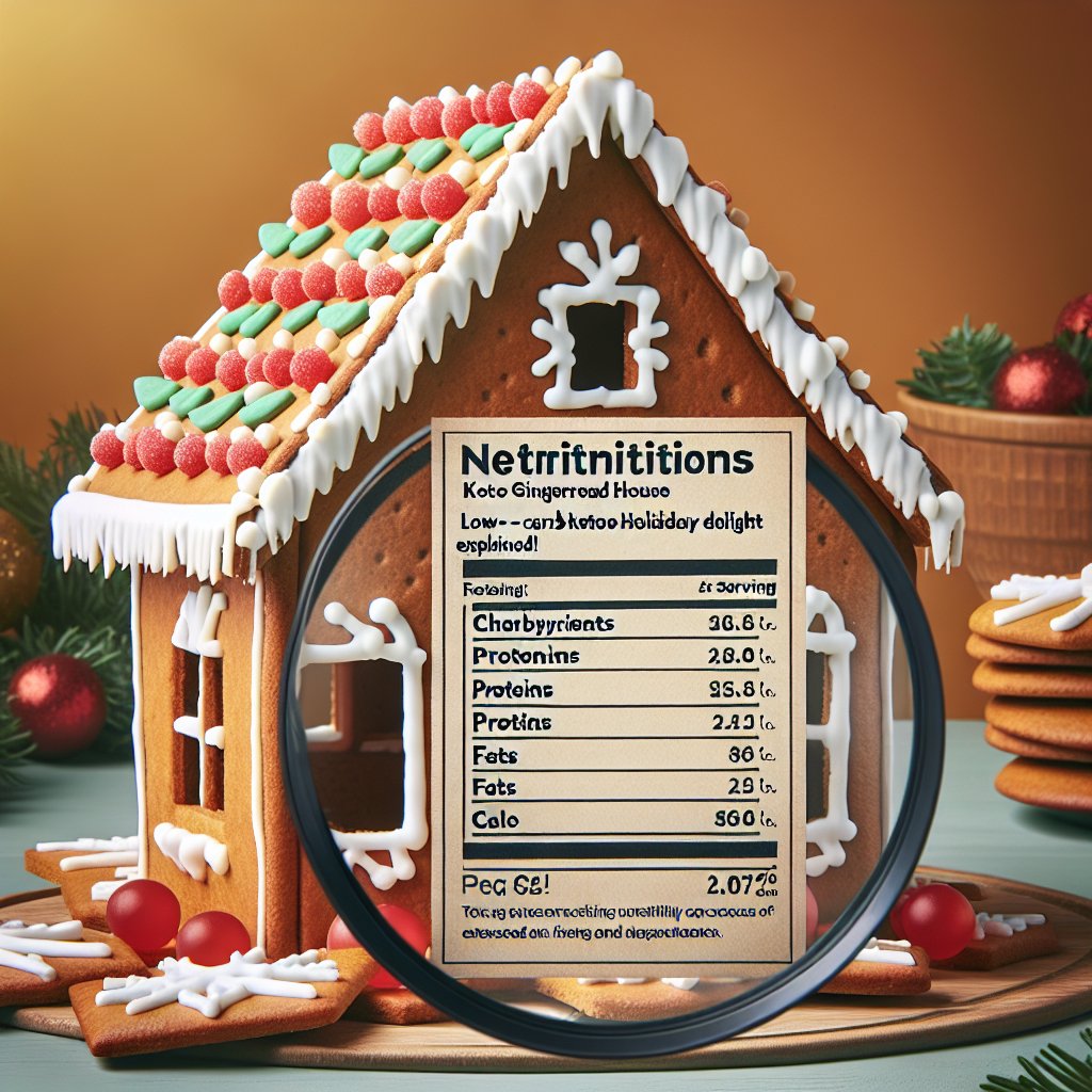 Detailed nutritional label of low-carb keto gingerbread house with macronutrient breakdown, carbs, protein, fats, and calorie count. A magnifying glass inspects nutritional information to symbolize better awareness and tracking.