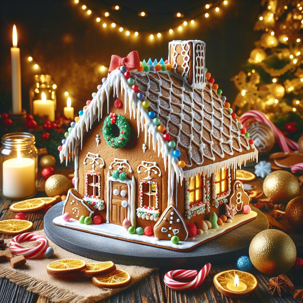 Low-carb gingerbread house surrounded by festive decorations