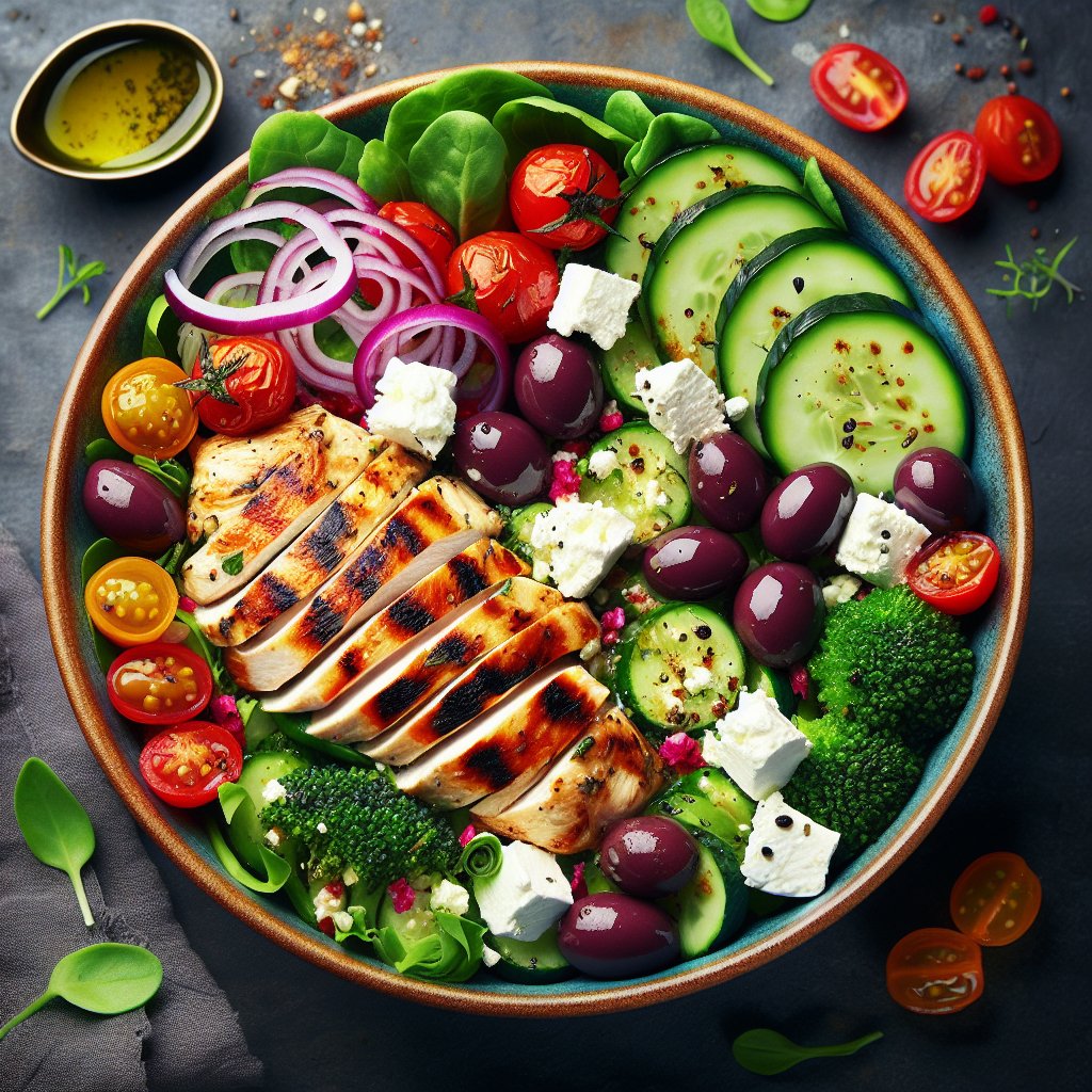 Colorful and vibrant keto Greek chicken bowl with grilled chicken, crisp vegetables, kalamata olives, feta cheese, and flavorful dressing