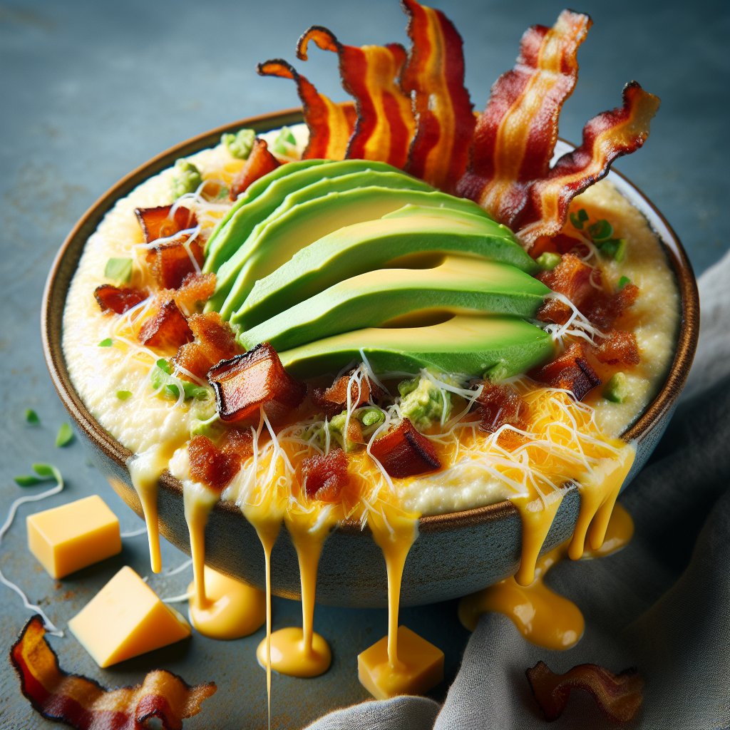 Creamy bowl of keto-friendly grits topped with cheese, avocado, and bacon