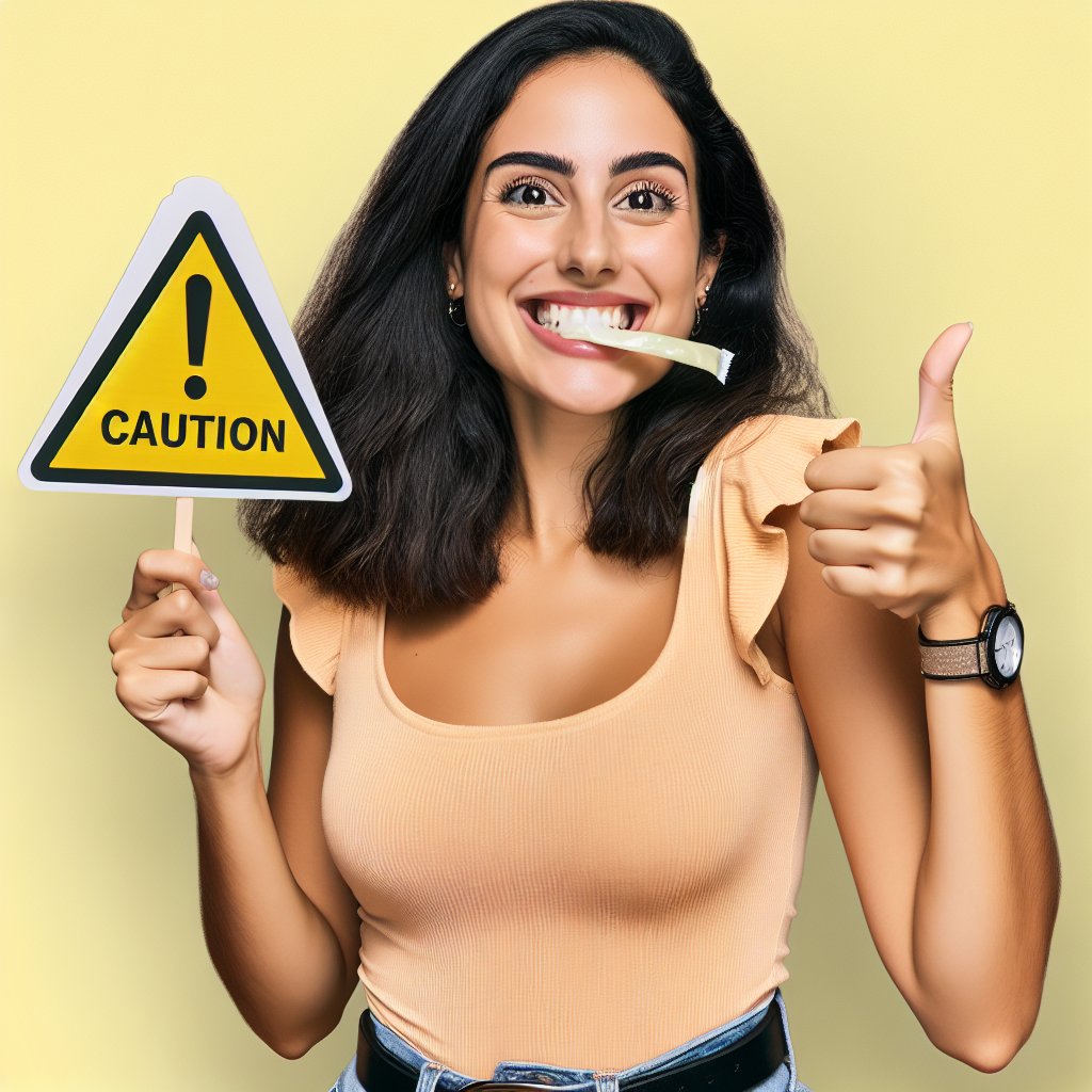 Person chewing keto-friendly gum with caution sign and thumbs-up gesture.