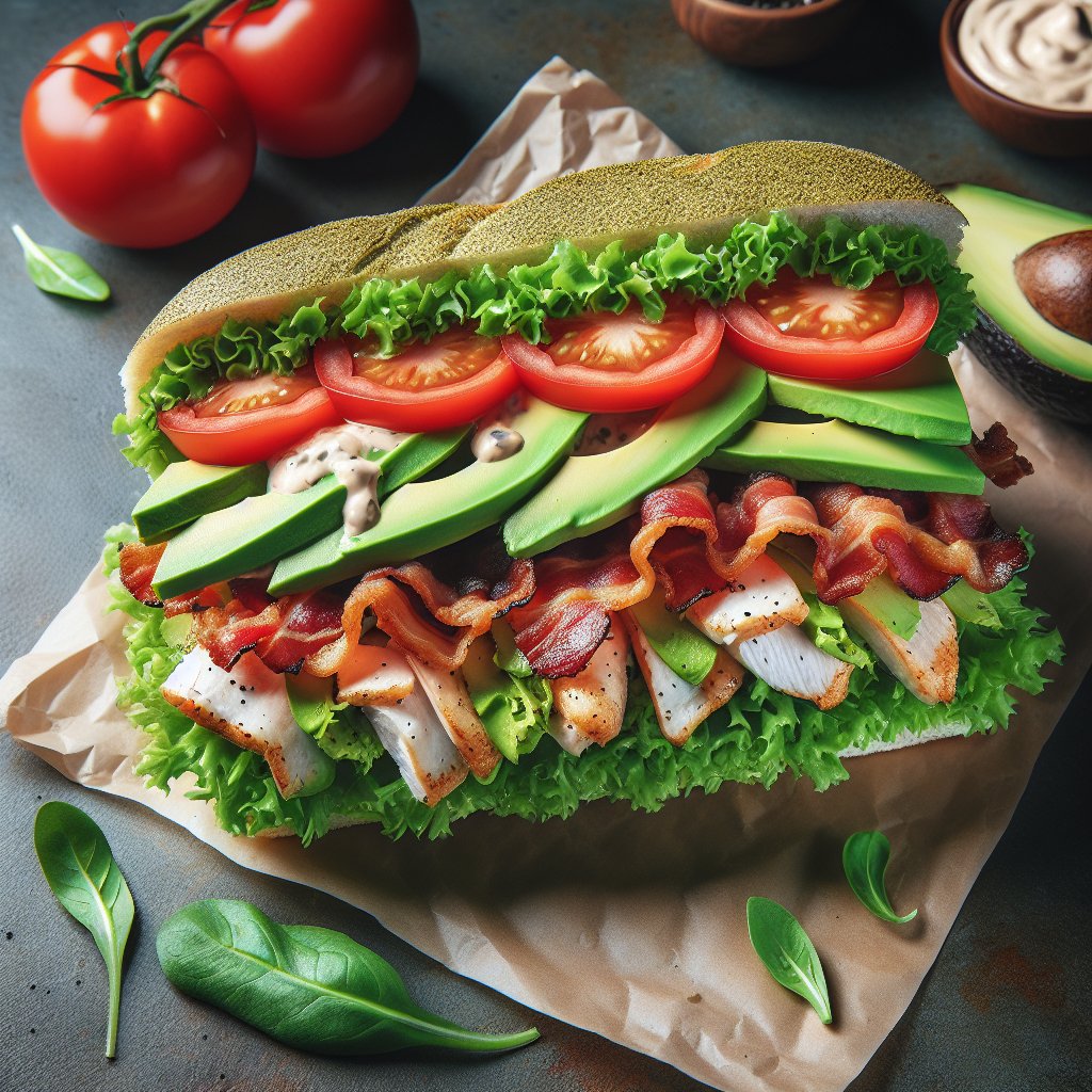 Mouthwatering keto hoagie with low-carb bread, lettuce, tomatoes, grilled chicken, bacon, avocado slices, and keto-friendly dressing