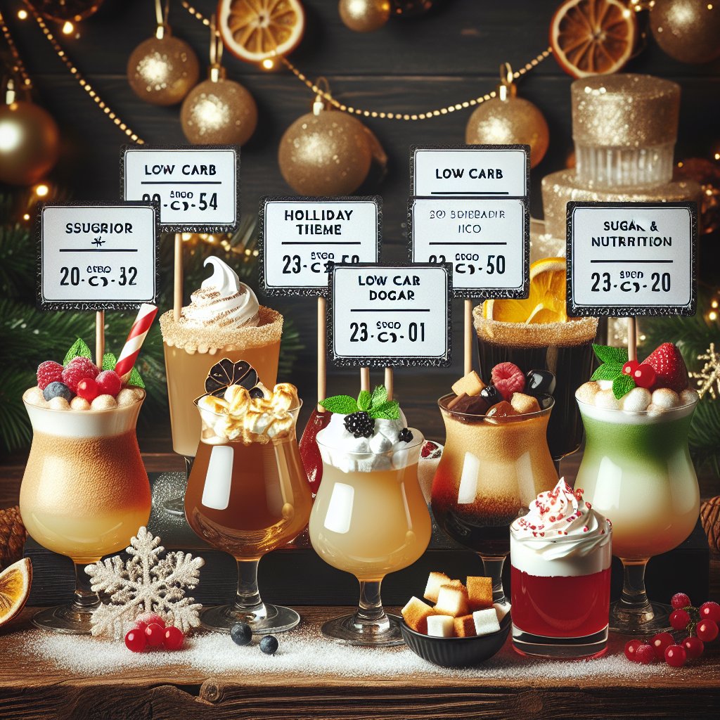 Collection of beautifully presented Starbucks keto holiday drinks labeled with nutritional information