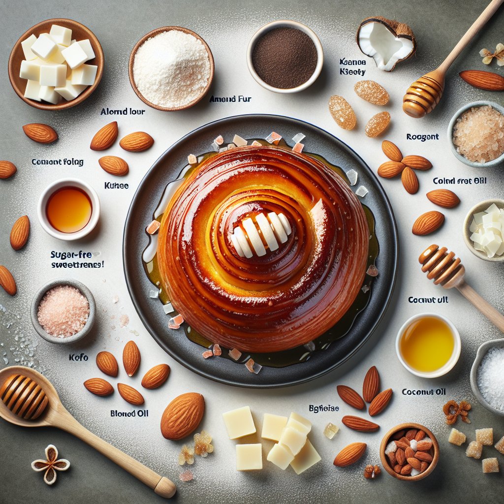 Beautifully arranged plate featuring a mouth-watering keto honey bun surrounded by keto-friendly ingredients such as almond flour, coconut oil, and sugar-free sweeteners