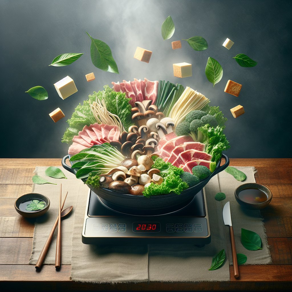 Steaming hot pot filled with keto-friendly ingredients - sliced meats, greens, mushrooms, and tofu in a vibrant broth