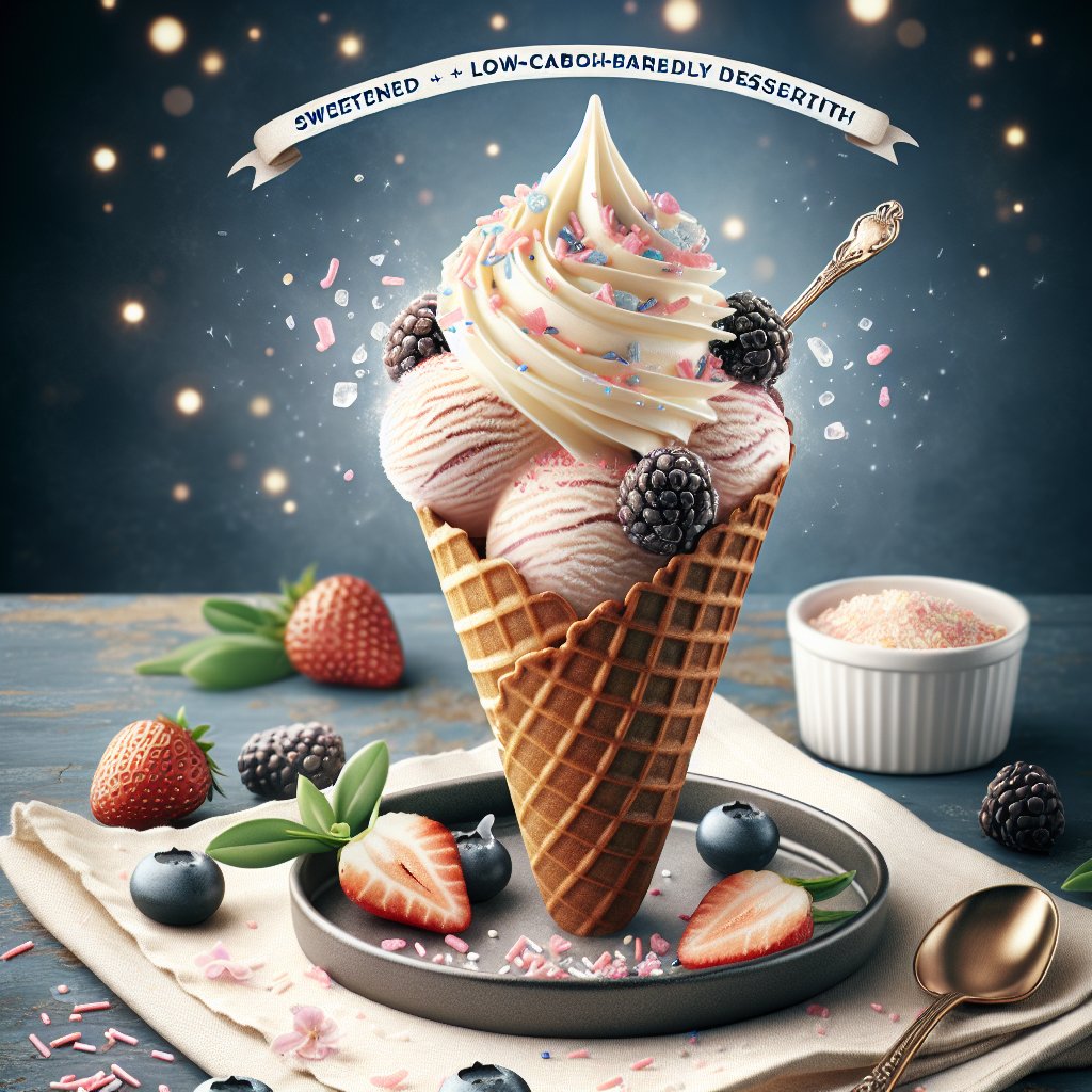 Keto ice cream dessert in low-carb waffle cone with fresh berries