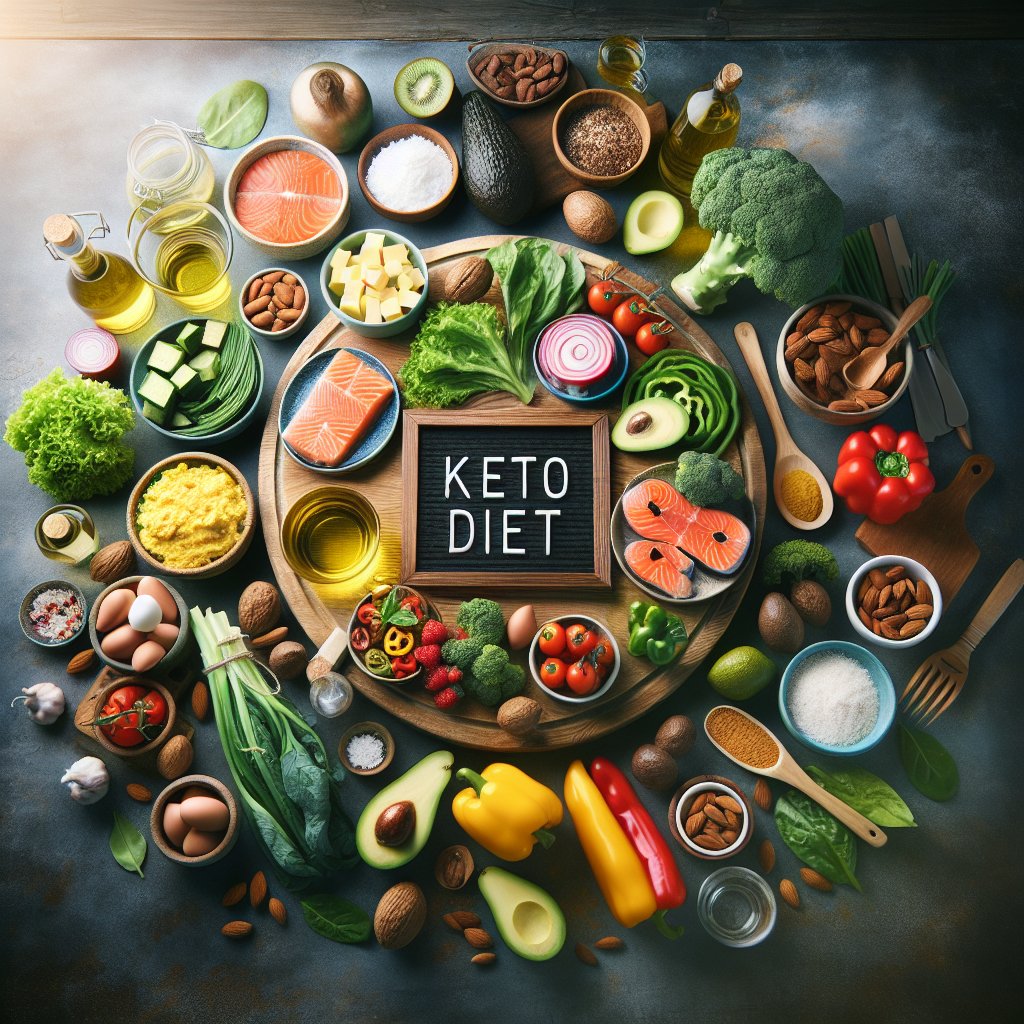 Assortment of fresh keto ingredients including avocados, leafy greens, salmon, coconut oil, almond flour, and colorful bell peppers on a rustic wooden cutting board in a well-lit kitchen setting