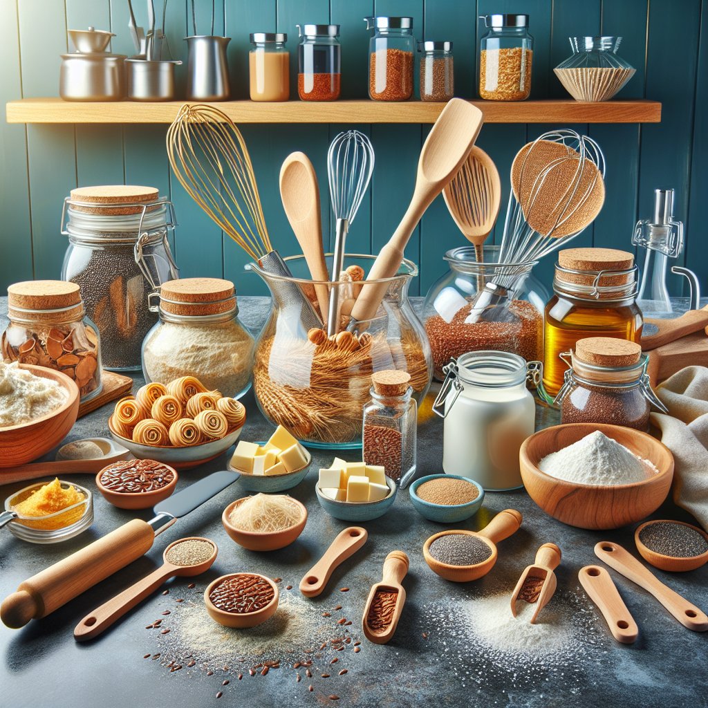 Vibrant kitchen scene with various keto-friendly ingredients and baking tools, including psyllium husk substitutes like flaxseed meal, chia seeds, and xanthan gum in stylish labeled jars.