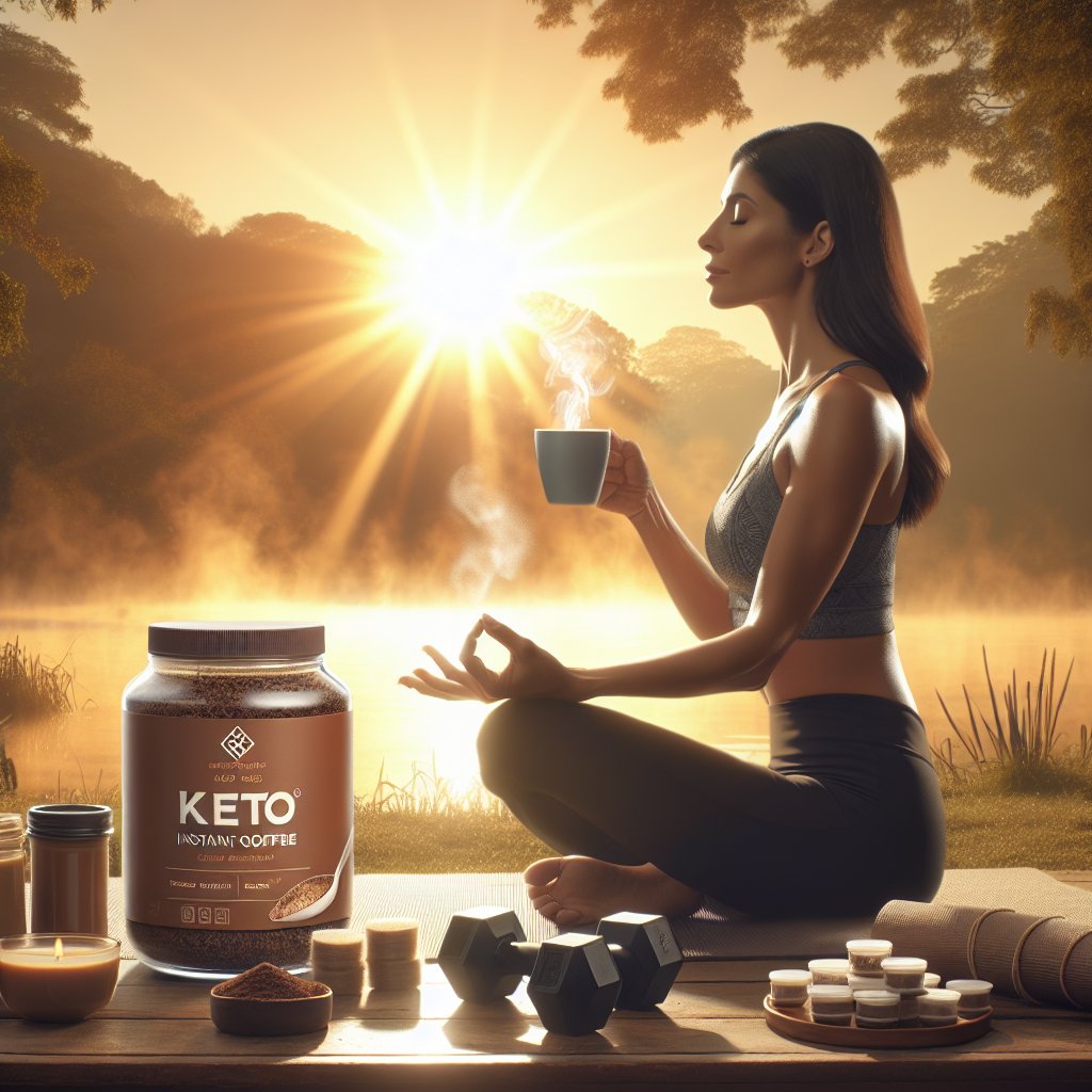 Person enjoying a steaming cup of keto instant coffee during a serene and balanced morning wellness routine.