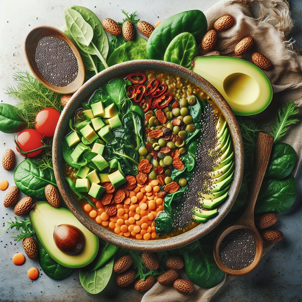 Hearty bowl of keto-friendly lentil soup with vibrant colors, avocado slices, and chia seeds.