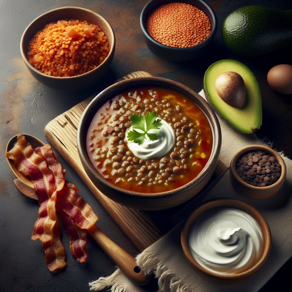 Steaming bowl of rich lentil soup with avocado, bacon, and sour cream