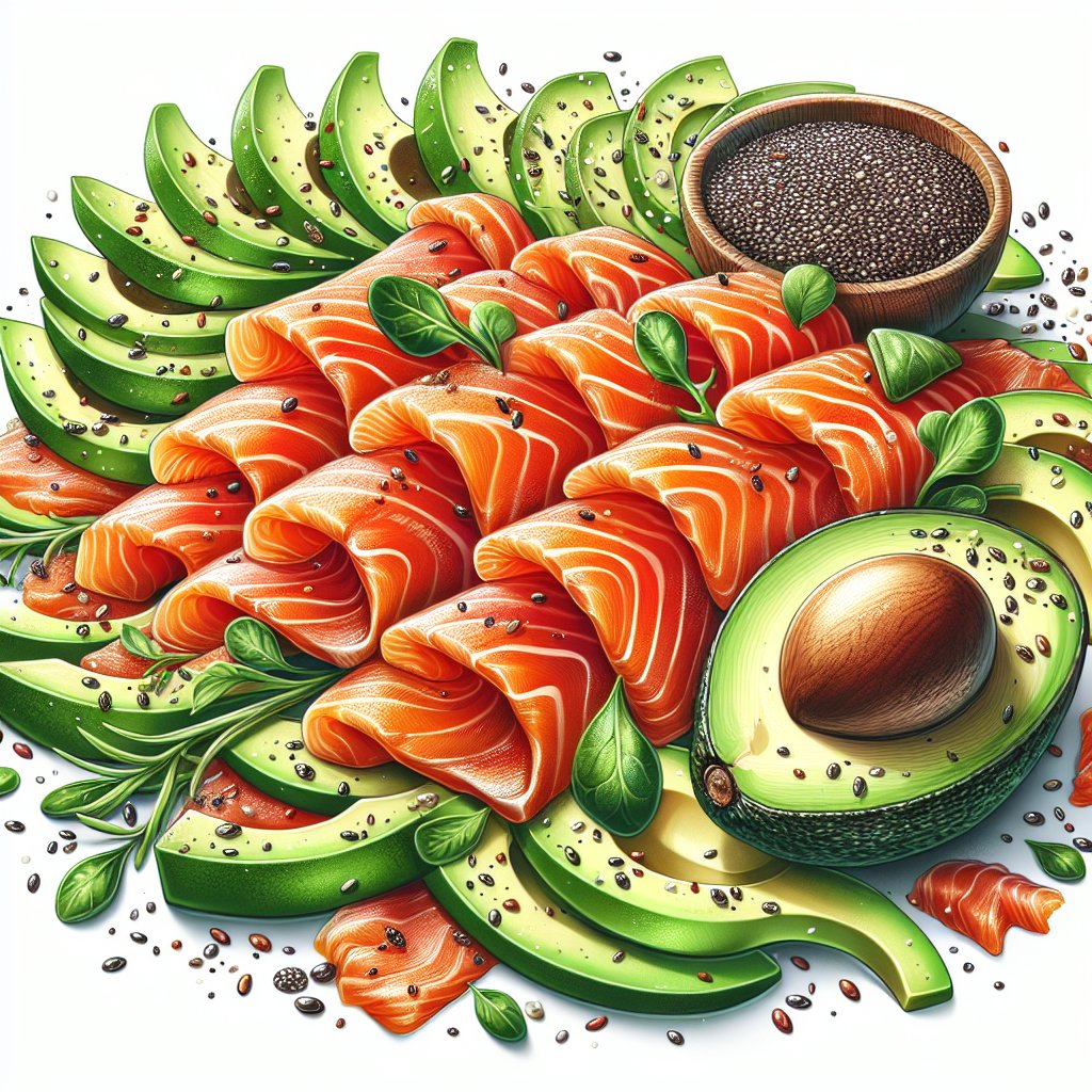 Keto-friendly lox with avocado slices and chia seeds