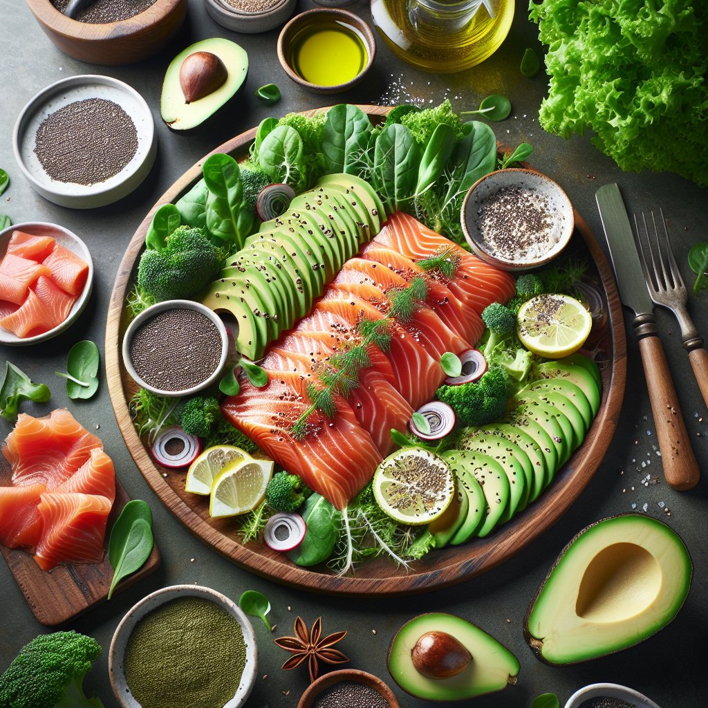 Keto lox platter with greens, avocado, and chia seeds