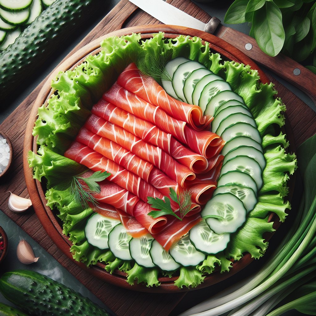 Beautifully arranged platter of keto lox with lettuce and cucumbers