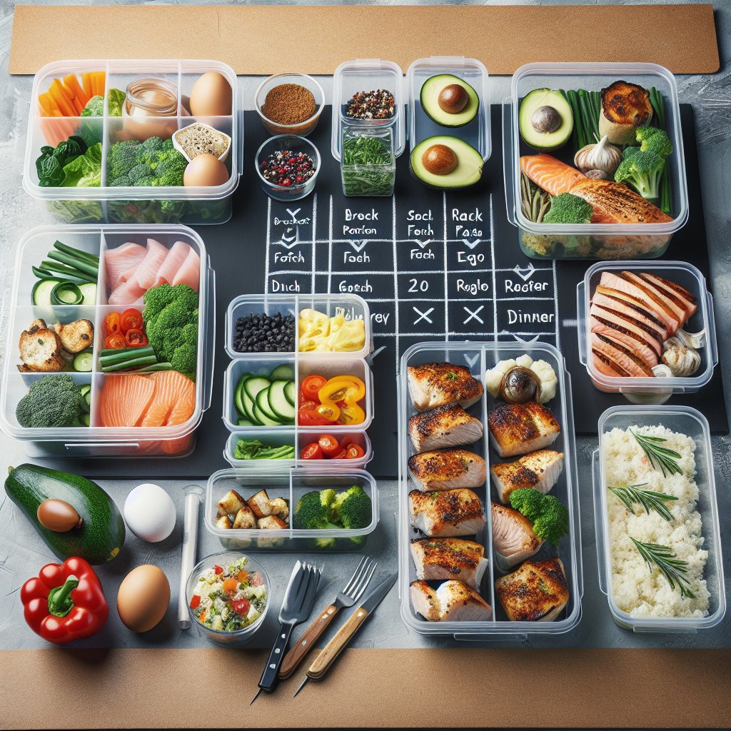 Neatly organized keto meal prep station with labeled containers for breakfast, lunch, and dinner, featuring fresh vegetables, lean proteins, and healthy fats.