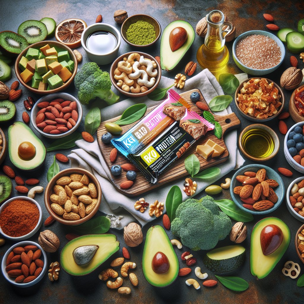 Vibrant and inviting ketogenic meal spread featuring a variety of keto-friendly foods and prominently showcasing RX bars.