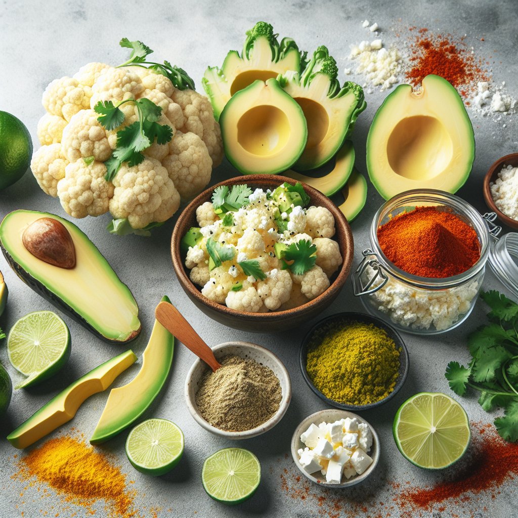 Vibrant display of low-carb ingredients including cauliflower, avocado, cilantro, feta cheese, lime wedges, and chili powder for Keto Mexican Street Corn.