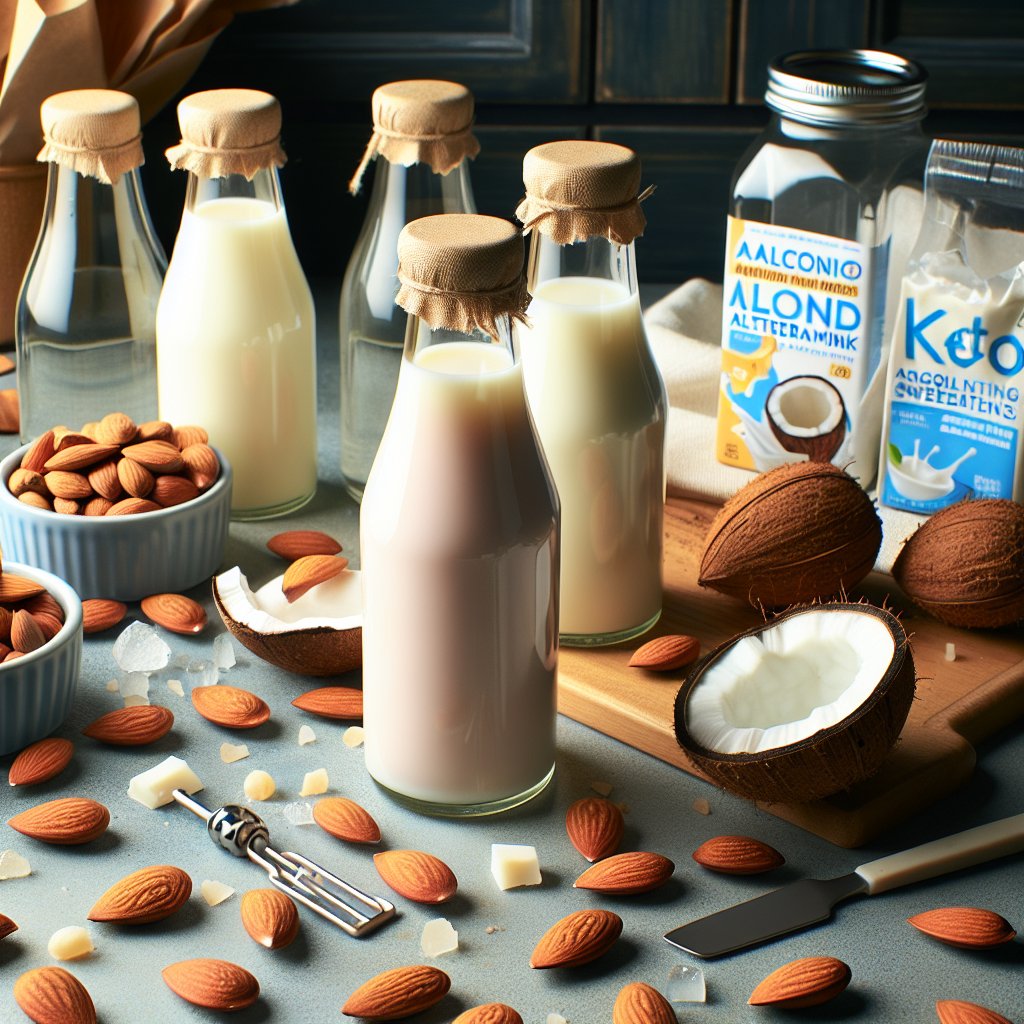 Assorted keto-friendly milk alternatives and ingredients on a kitchen counter