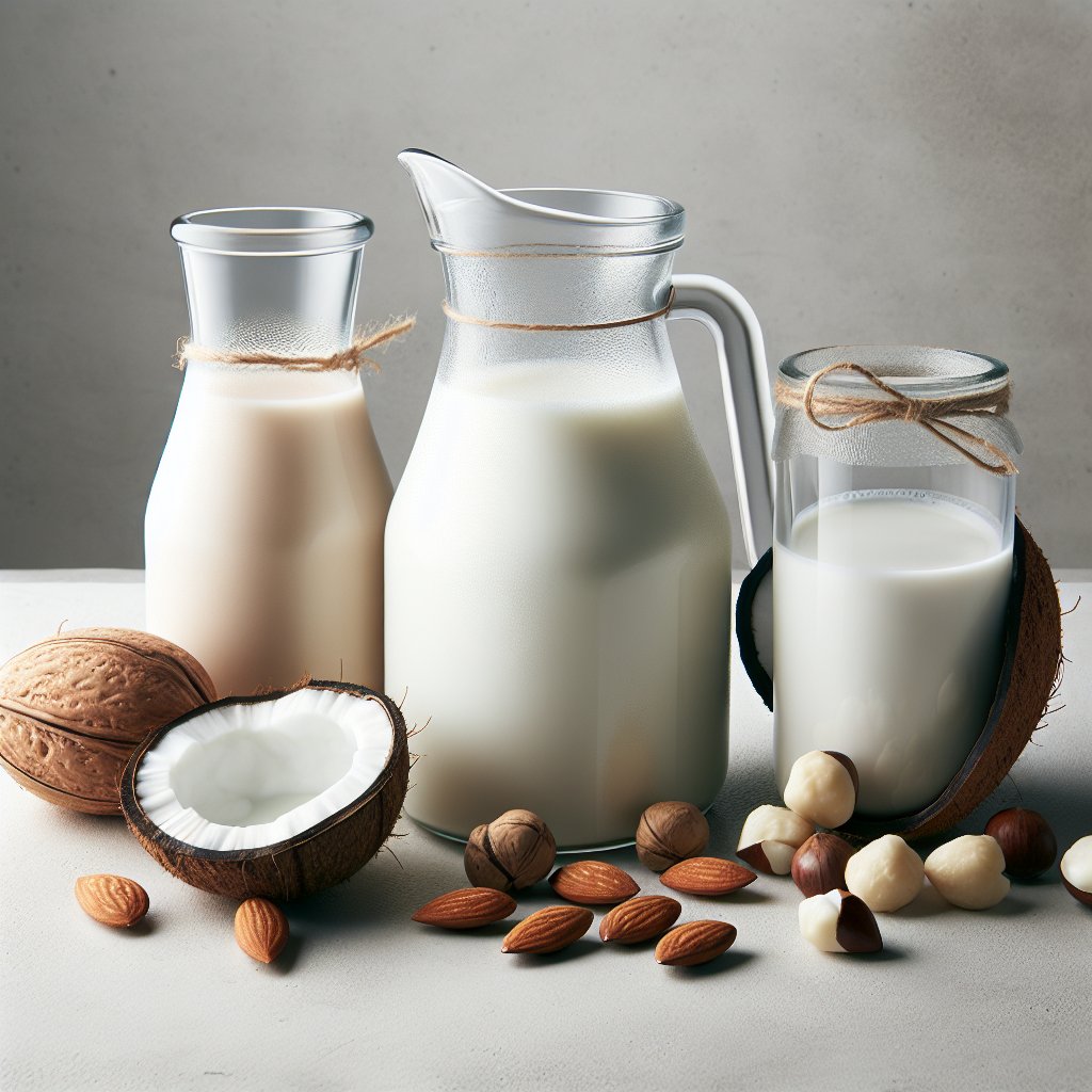 Assorted keto-friendly milk alternatives including almond milk, coconut milk, and macadamia nut milk, presented in elegant glass containers with fresh ingredients. Modern, clean, and healthy aesthetic.