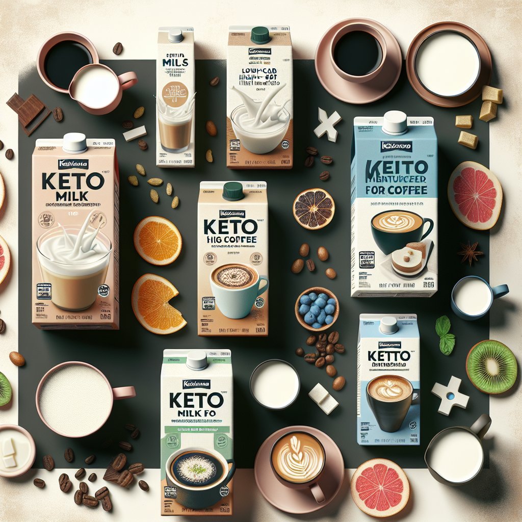 Various store-bought keto milk options arranged attractively with prominent brands' packaging, showcasing nutritional values and taste profiles for low-carb, high-fat milk alternatives for coffee within the ketogenic diet.