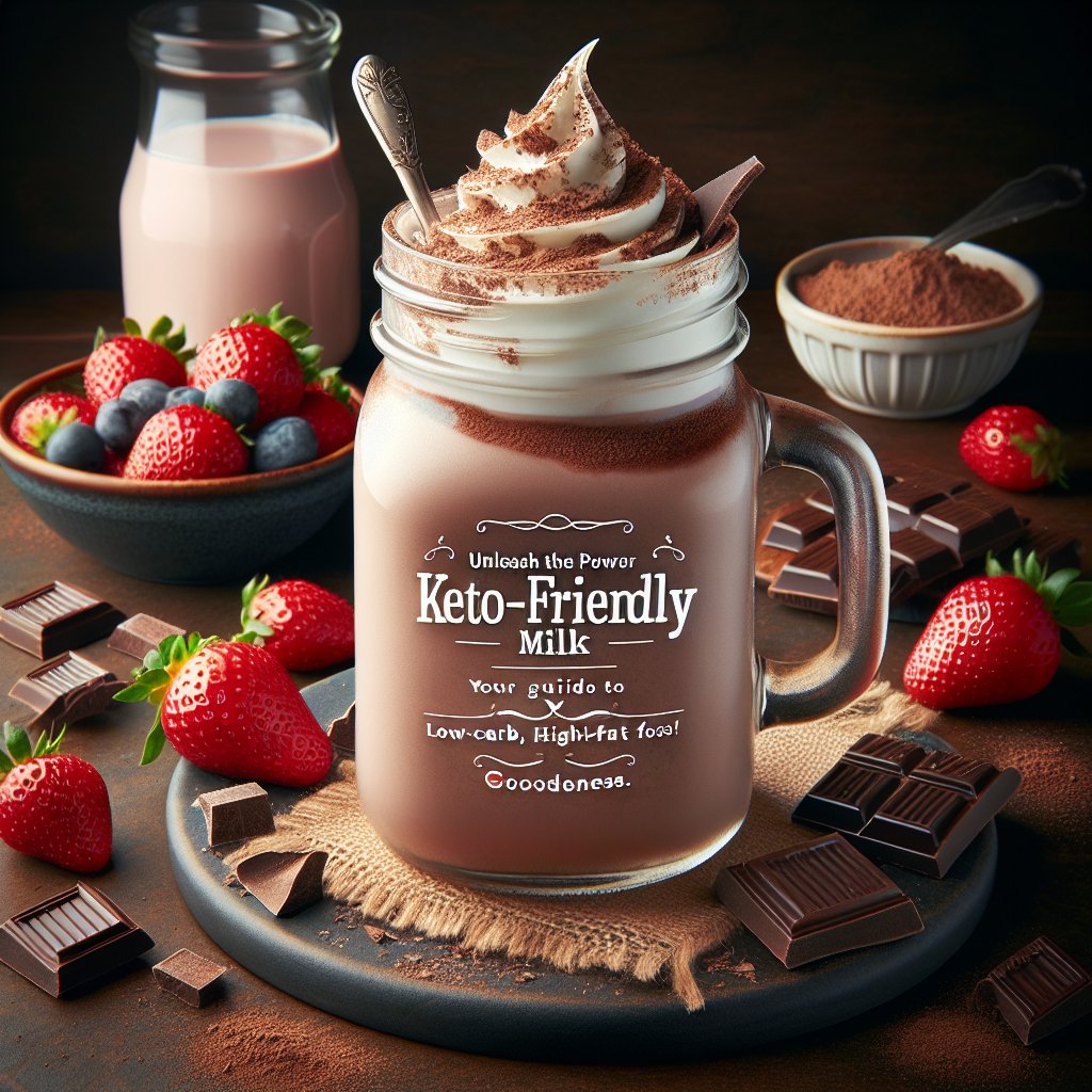 Creamy and indulgent keto-friendly milk-based chocolate smoothie in a mason jar, garnished with cacao powder and sugar-free whipped cream, surrounded by fresh strawberries and dark chocolate chunks.