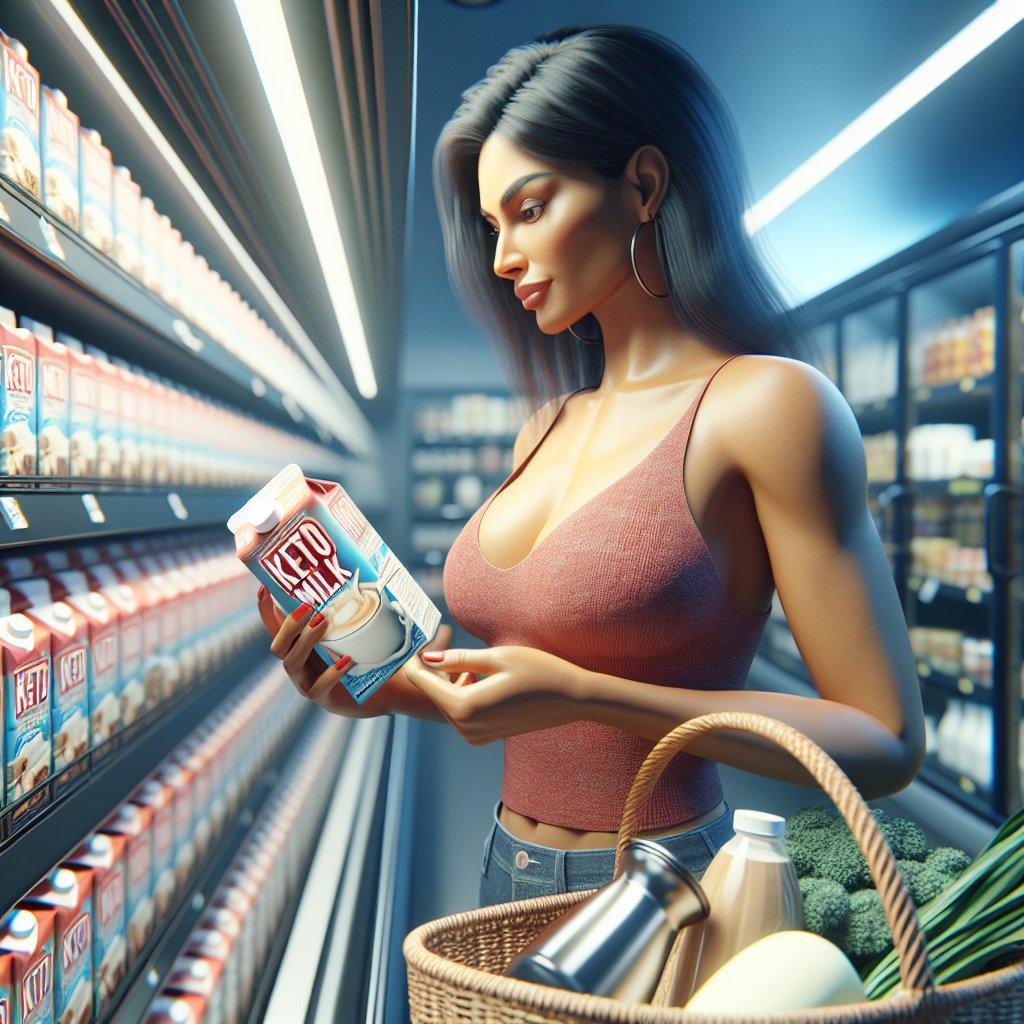 Person shopping for keto milk in a grocery store, emphasizing mindful and purposeful grocery shopping for a ketogenic lifestyle.