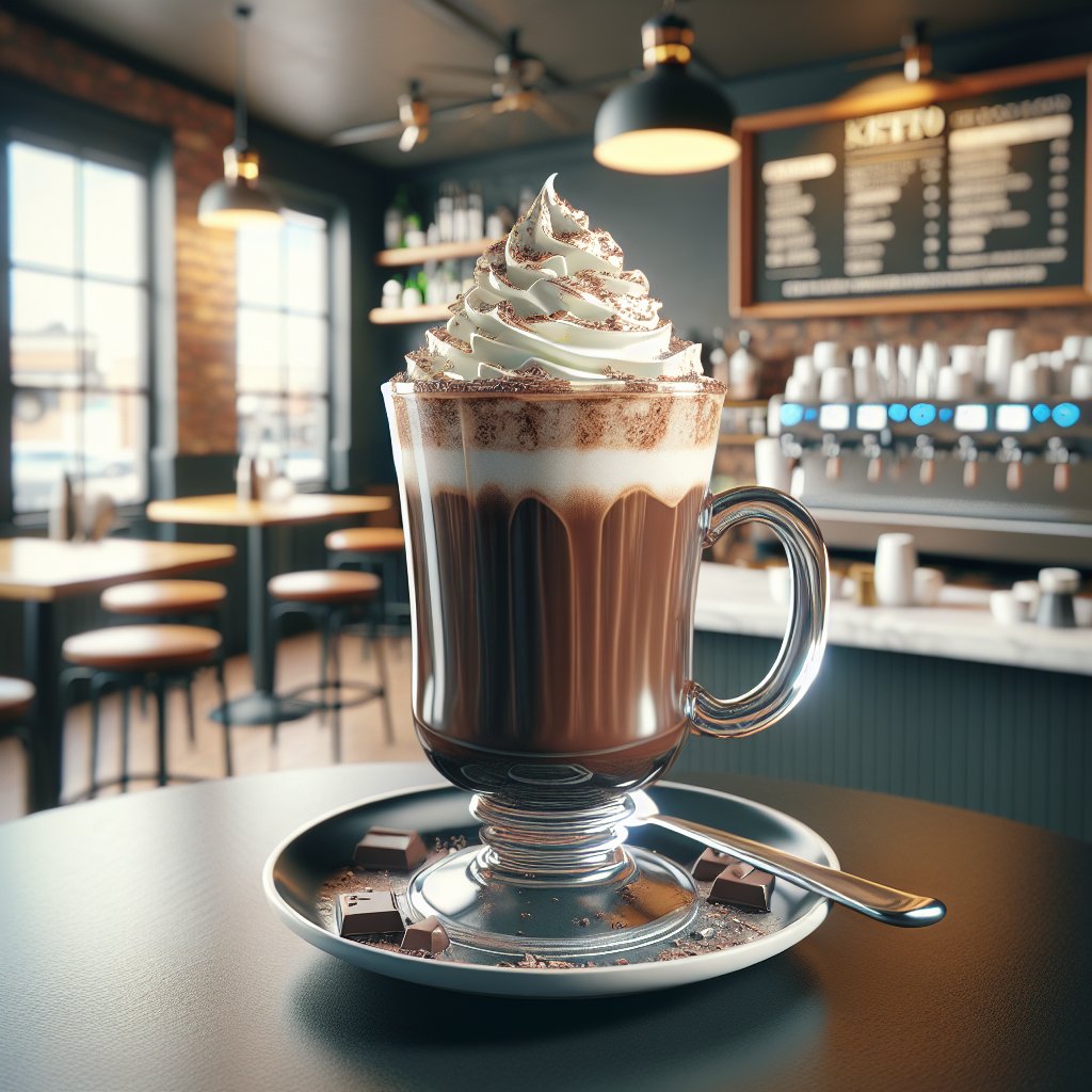 Tempting keto mocha beverage in a clear glass mug with whipped cream on a sleek Starbucks table.