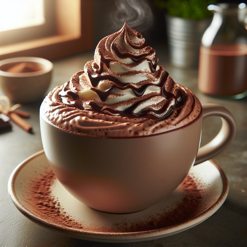 Steaming cup of indulgent keto mocha with cocoa foam, whipped cream, and chocolate syrup drizzle in cozy coffee shop ambiance at Starbucks.