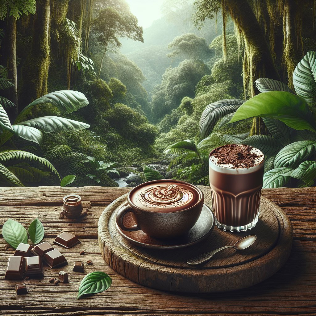 Steaming cup of keto mocha on rustic wooden table with lush green background